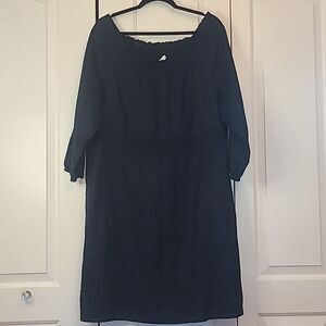 J.Jill Linen Midi Shift Dress Pockets Embroidery 3/4 Sleeves Navy Sz L Petite